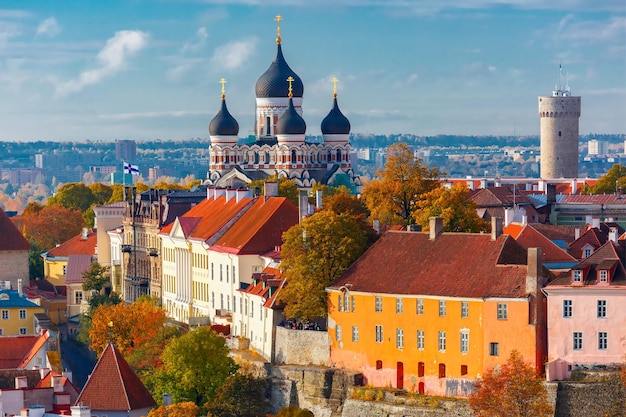 Collina di Toompea con la torre Pikk Hermann e la cattedrale russo-ortodossa Alexander Nevsky vista dalla torre della chiesa di Sant'Olaf Tallinn Estonia