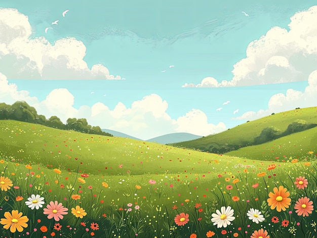 collina in stile cartone animato con fiori colorati e cielo