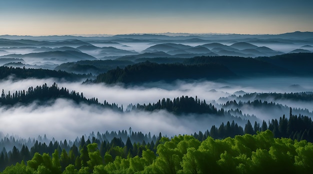 Colline che spuntano dalla nebbia sopra una scena della valle della foresta