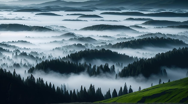 Colline che spuntano dalla nebbia sopra una scena della valle della foresta