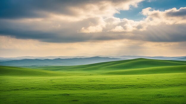 Colline di erba verde sotto un cielo blu e nuvole bianche