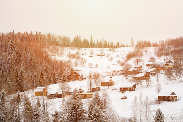 Colline innevate, boschi e case in lontananza. Paesaggio invernale