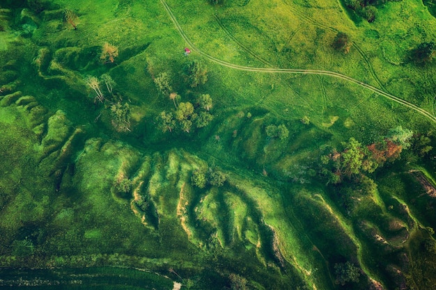 Colline verdi e burroni visti dall'alto, sfondo stagionale estivo naturale dal drone