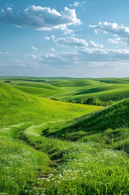 Colline verdi sotto un cielo blu con nuvole bianche