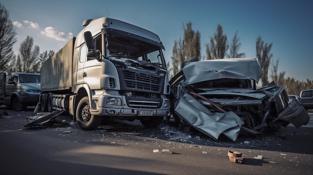 Collisione frontale tra un'auto e un grosso camion su una strada IA generativa