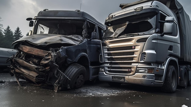 Collisione frontale tra un'auto e un grosso camion su una strada IA generativa