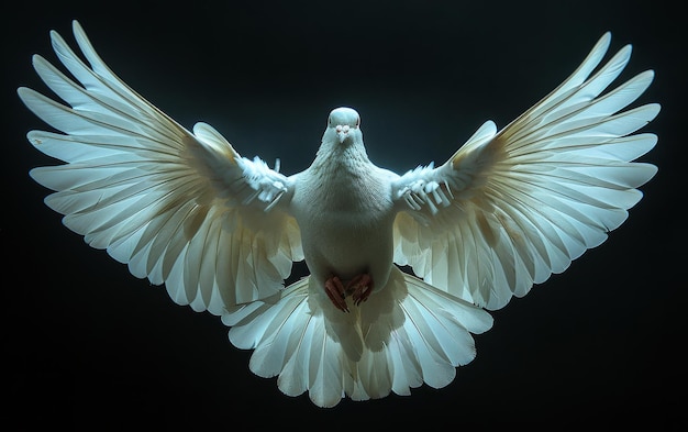Colomba bianca Un piccione bianco con le ali aperte isolato sul nero