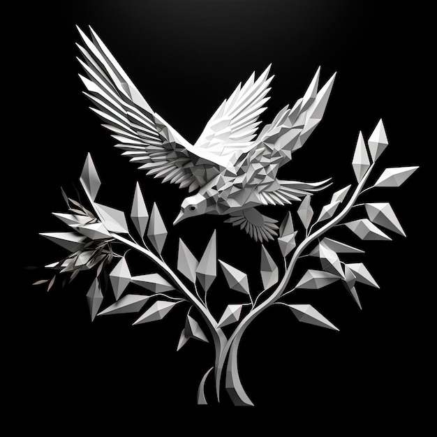 colomba della pace con olivo in origami isolato su nero