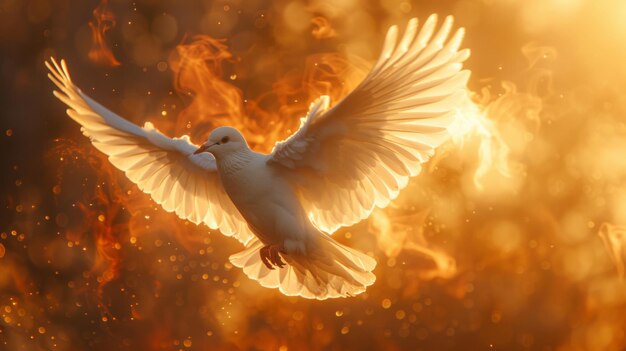 colomba in volo effetto fiamma emblema di pace aura ombra AI generativo