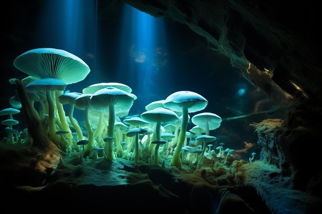 Colonia di funghi luminosi in una caverna sotterranea AI generativa