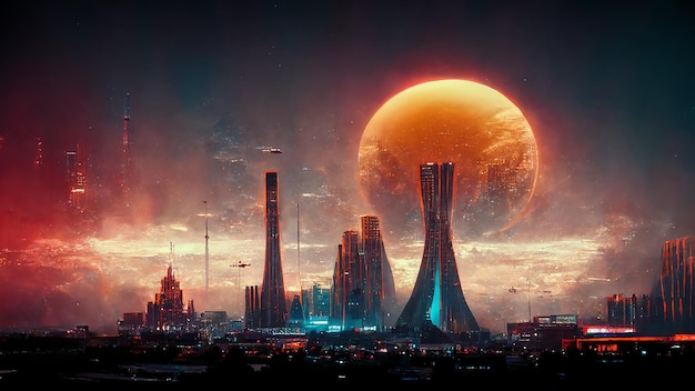 Colonia futuristica dell'orizzonte della città di fantascienza cyberpunk sull'illustrazione di arte del pianeta alieno