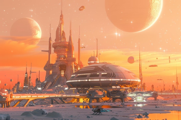 Colonia spaziale futuristica con strutture e tecnologia avanzate