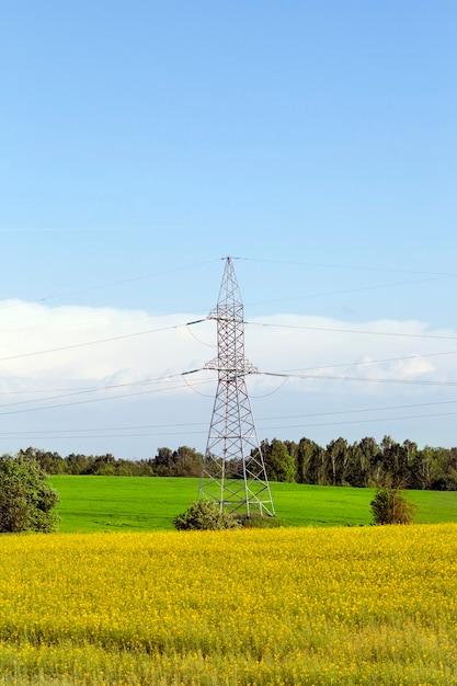 Colonna metallica per linee ad alta tensione sullo sfondo di aree agricole e cielo blu, paesaggio estivo