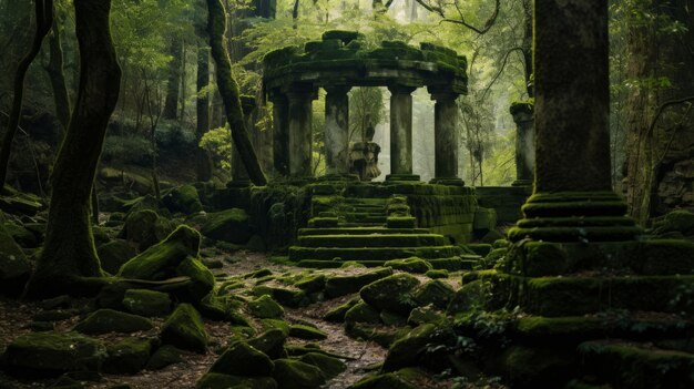 Colonne ricoperte di muschio in un tempio greco nascosto mistero della densa foresta