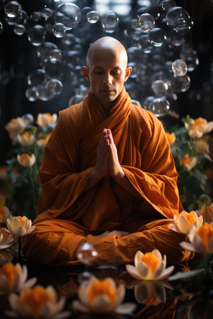 Color Harmony La serena meditazione di un monaco in un campo di loto catturata in vibrante IA generativa