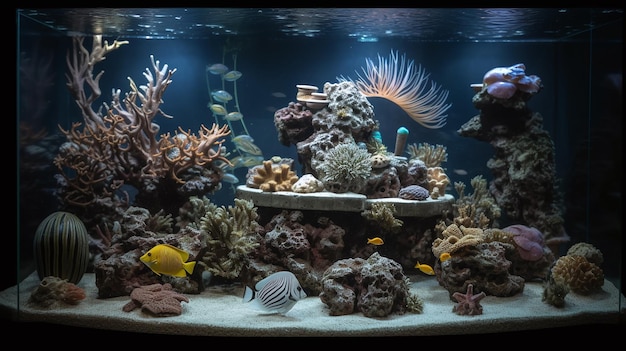 Colorata barriera corallina Una scena subacquea cinematografica con vita acquatica diversificata in un grande acquario