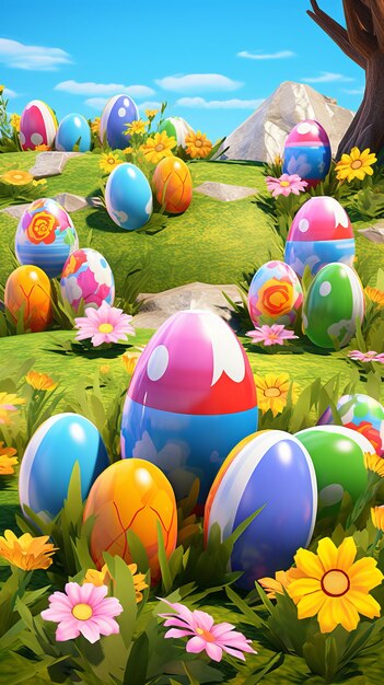 Colorata caccia alle uova di Pasqua 3D in un giardino virtuale