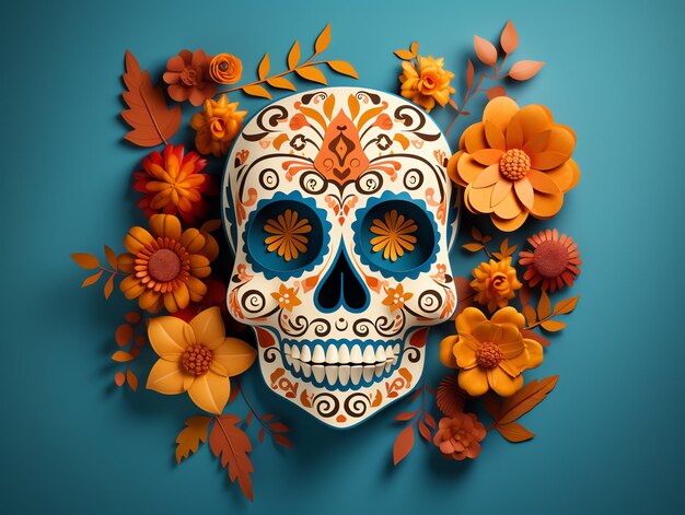 Colorata celebrazione della Dia de los muertos festa messicana Giorno dei morti cranio e ornamenti floreali