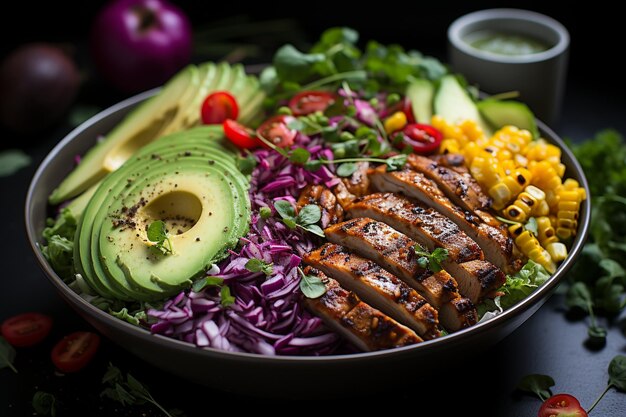 Colorata ciotola di Buddha con ceci piccanti, pollo alla griglia e avocado