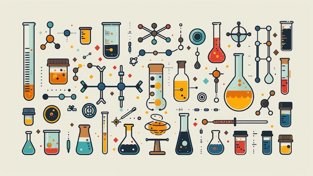 Colorata collezione di icone di laboratorio di chimica che raffigurano molecole di flacone e proiettili