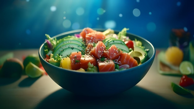 Colorata e deliziosa poke bowl con salmone e avocado Generative AI