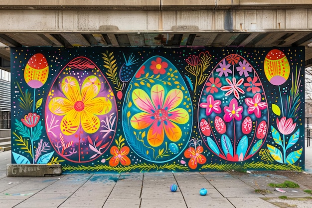 Colorata pittura murale urbana di Pasqua con disegni di fiori e uova sotto il ponte