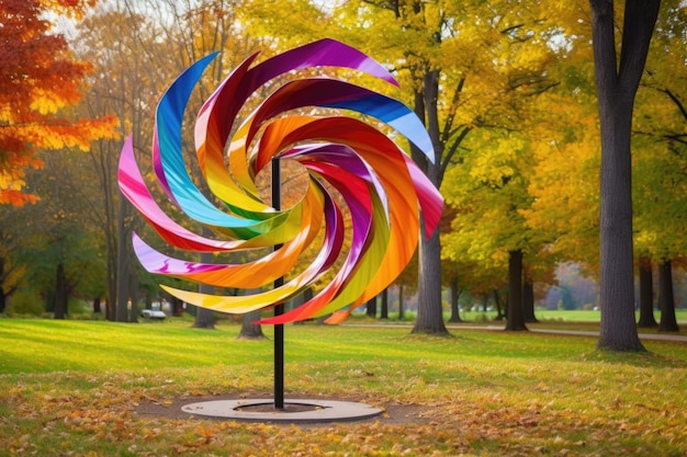 Colorata scultura del vento che gira in un parco creato con l'IA generativa