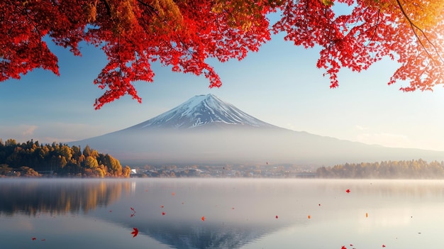 Colorata stagione autunnale e Monte Fuji con nebbia mattutina e foglie rosse al lago Generative Ai