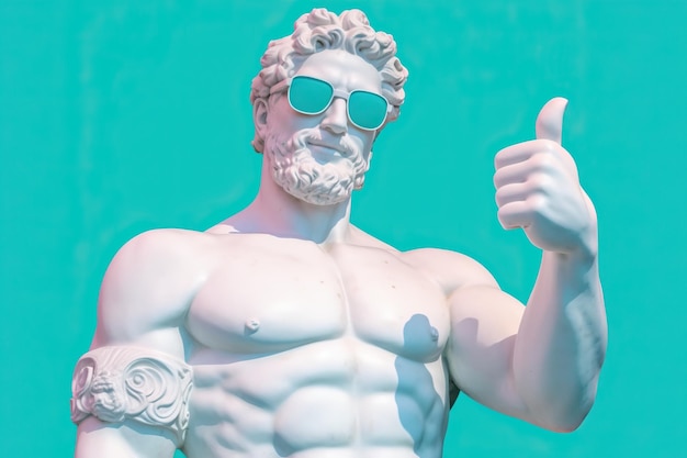 colorata statua del dio greco che flette sorridente indossando occhiali da sole fantastici