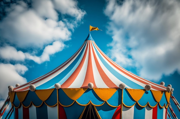 Colorata tenda da circo a strisce sullo sfondo del cielo estivo IA generativa