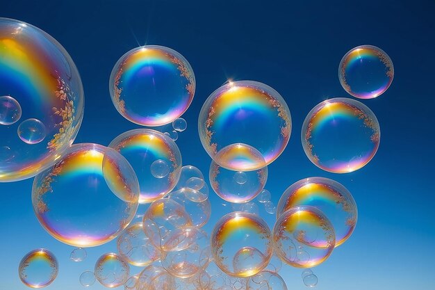 Colorate bolle di sapone sullo sfondo del cielo blu