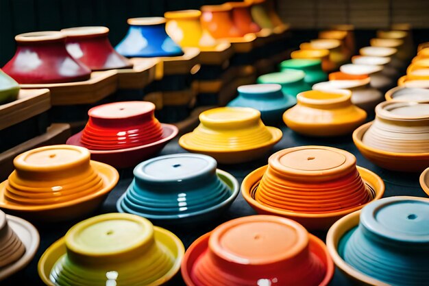 colorate ciotole di ceramica sono esposte in un mercato.