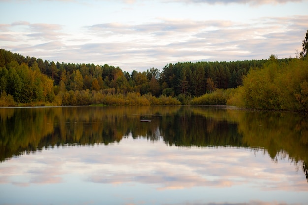 Colorate riflessioni albero fogliame nella calma acqua di stagno in una bella giornata autunnale. Un posto tranquillo e bellissimo per rilassarsi.