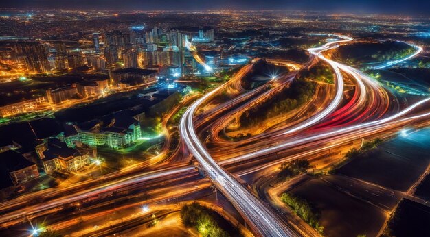 Colorate tracce di luci di auto a lunga esposizione foto di notte fantastica scena notturna vista dall'alto