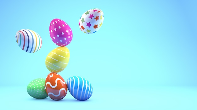 Colorate uova di Pasqua dipinte per celebrare la Pasqua su sfondo blu