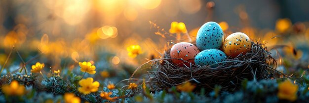 Colorate uova di Pasqua nidificano sul prato sfondo HD illustrazioni