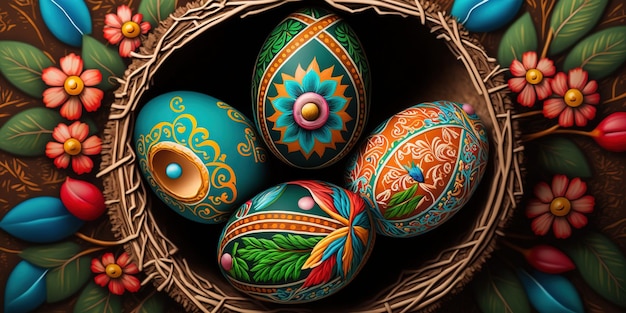 colorate uova di pasqua pysanky all'interno del nido su sfondo vivido