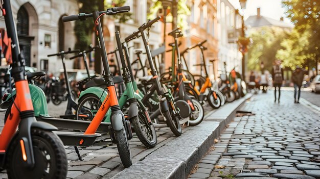 Colorati e-scooter parcheggiati sulla strada della città Per mostrare la comodità e l'eco-friendliness degli scooter elettrici come opzione di trasporto nelle città