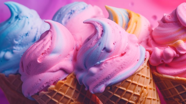 Colorati gelati assortiti in coni di wafer su uno sfondo pastello rosa