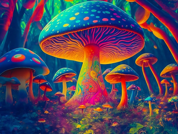 Colorati sogni psichedelici di funghi esplorano immagini trippy e incantevoli