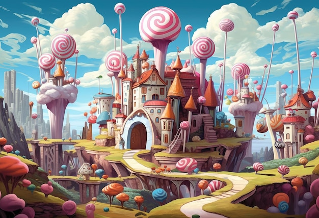 Colorato Cartoon Faity Lollipop Kingdom primo piano estremo AI generativa