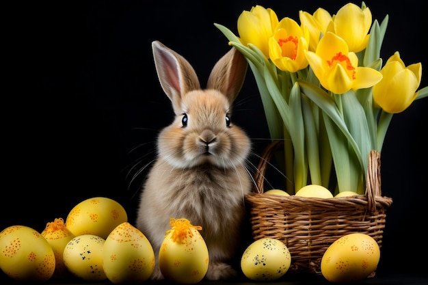 Colorato coniglietto di Pasqua con tulipani gialli e fiori di narcisso AI generativa