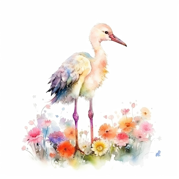 Colorato dipinto ad acquerello di un'accattivante cicogna in un campo di fiori, ideale per stampe artistiche e auguri