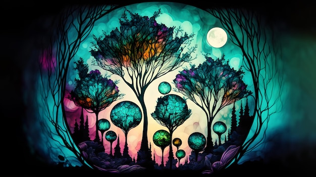 Colorato foresta psichedelica pop alcol inchiostro dipinto rete neurale arte generata