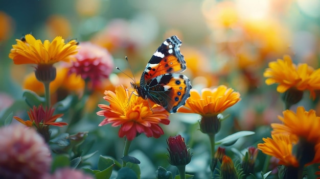 Colorato giardino di marigold con fiori vivaci e una farfalla dipinta appollaiata sopra un fiore