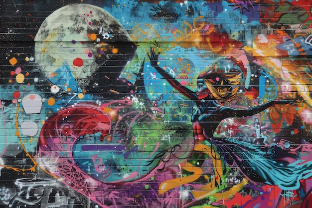 Colorato murale di street art con un tema fantastico astratto con una figura danzante colori vivaci e uno sfondo cosmico
