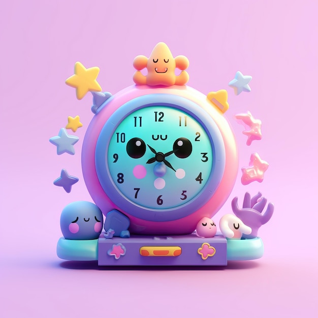 Colorato orologio stellato carino e kawaii su uno sfondo dai toni pastello perfetto per illuminare