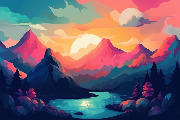 Colorato paesaggio al tramonto nell'illustrazione delle montagne IA generativa