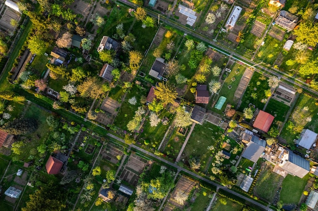 Colorato piccolo giardino di trama nell'area urbana di Tarnow Polonia Estate fogliame lussureggiante Drone vista dall'alto in basso