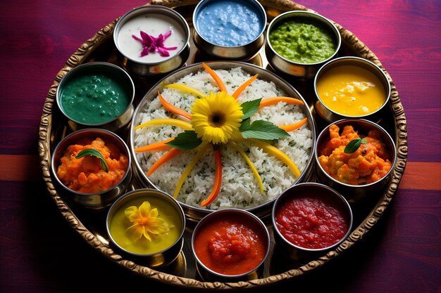 Colorato Thali indiano con Roti di riso e una varietà di condimenti